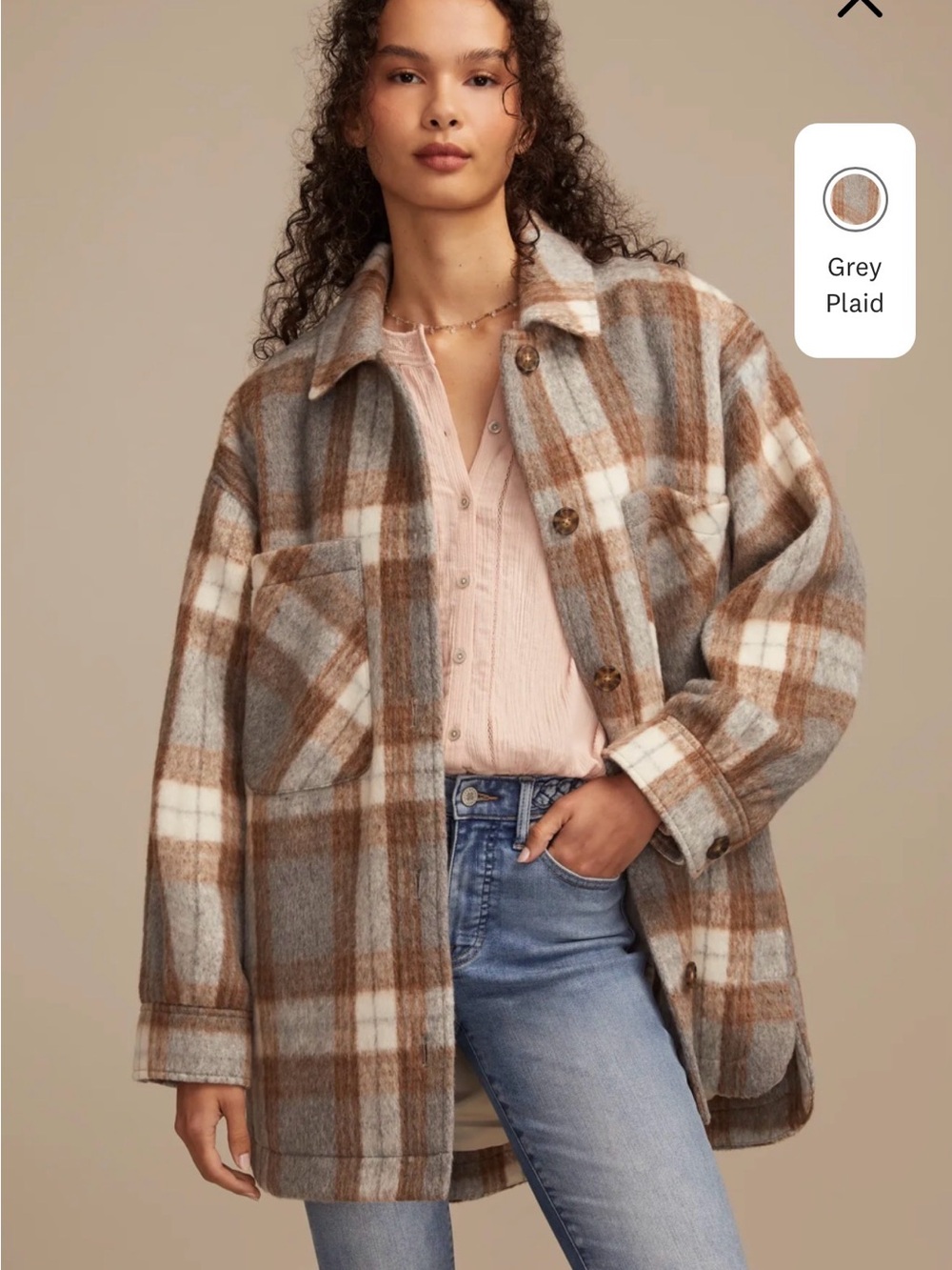Lucky Brand Plaid Utility Shacket in Grey and Brown